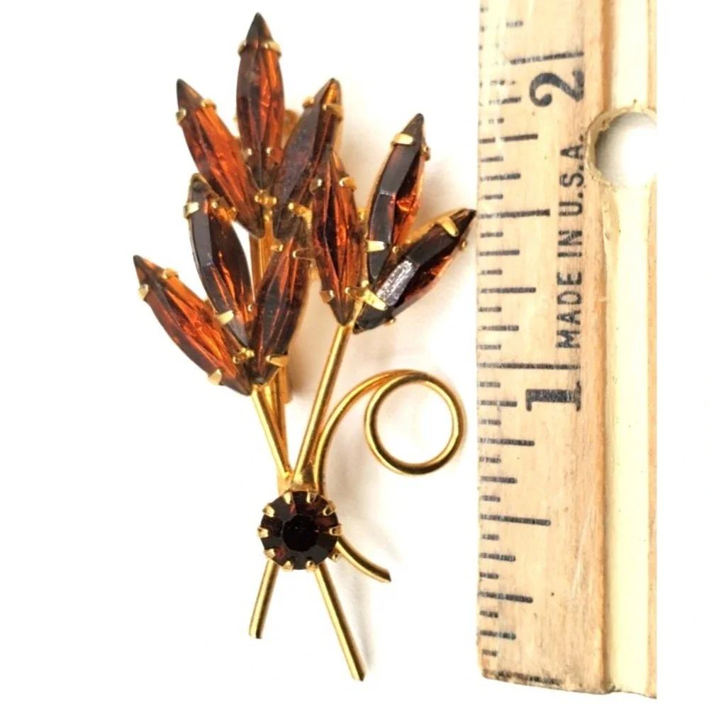Vintage Amber Colored Rhinestone Floral Spray Quality Pin Brooch